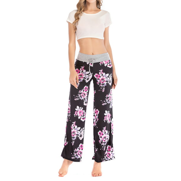 Eyoung Womens Pajama Lounge Pants Stretch Floral Print Drawstring Long Wide Leg Lounge Pants